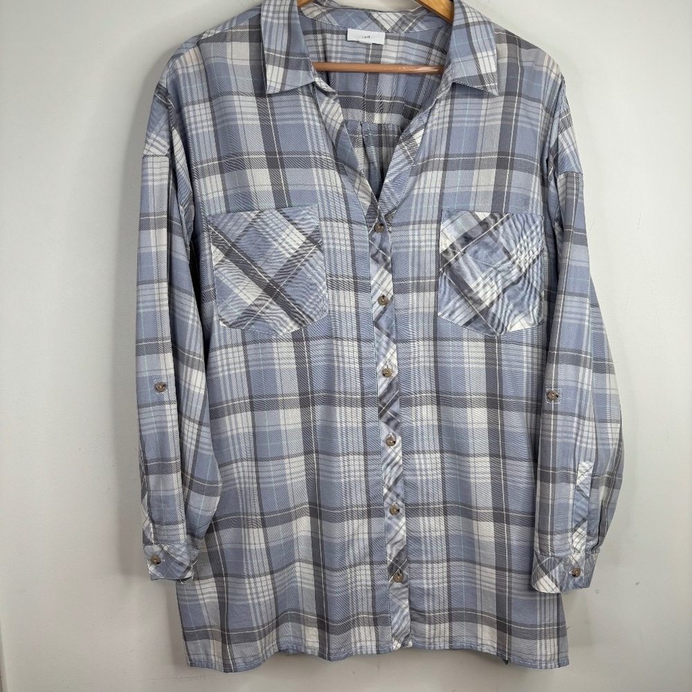 J Jill Plaid Top 2X Purple Button Up Roll Tab Minimalist Preppy Neutral Spring - Picture 2 of 10